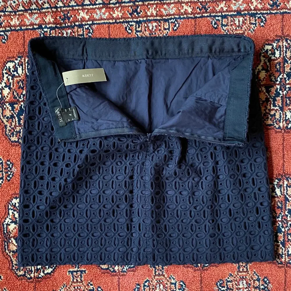 BRAND NEW J.Crew 4 Navy Blue Eyelet‎ Mini Pencil Skirt Fully Lined, All Cotton